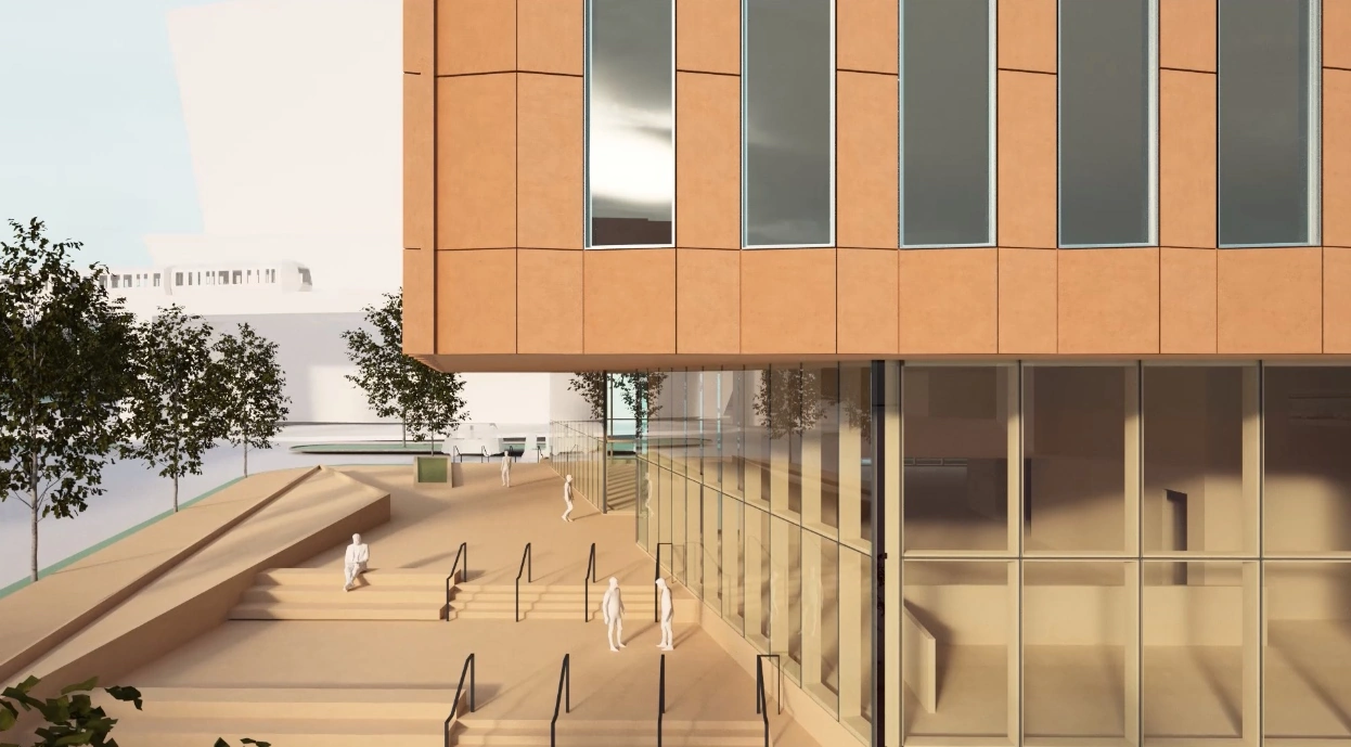 The Grid terracotta façade, glazed entrance and stepped plaza