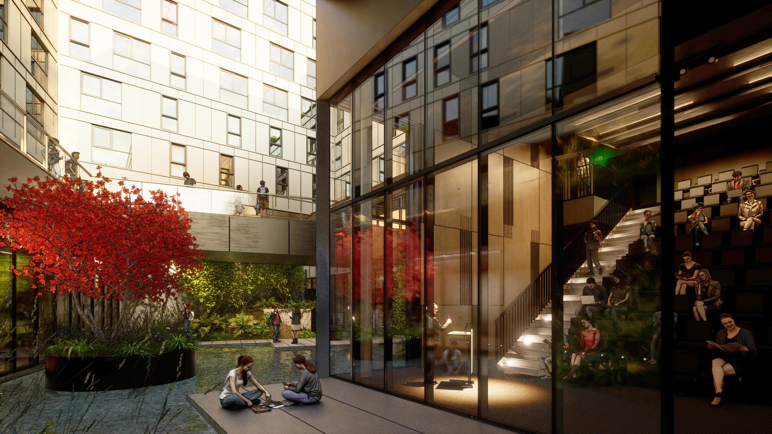 Menno Hall — Courtyard and lecture theatre · Rendering
