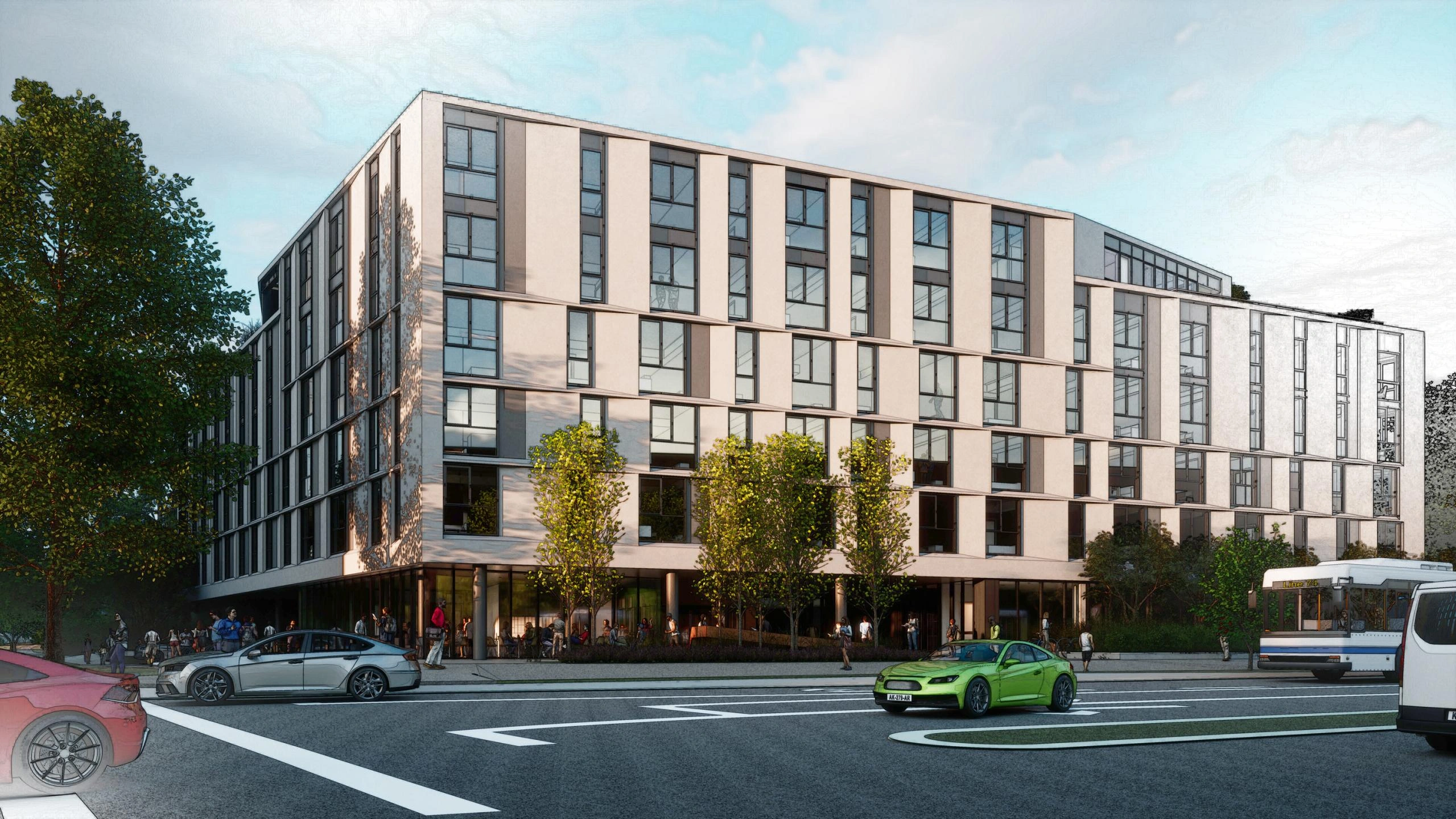 Menno Hall street-facing exterior and stepped residential façades — rendering via SHAPE Architecture