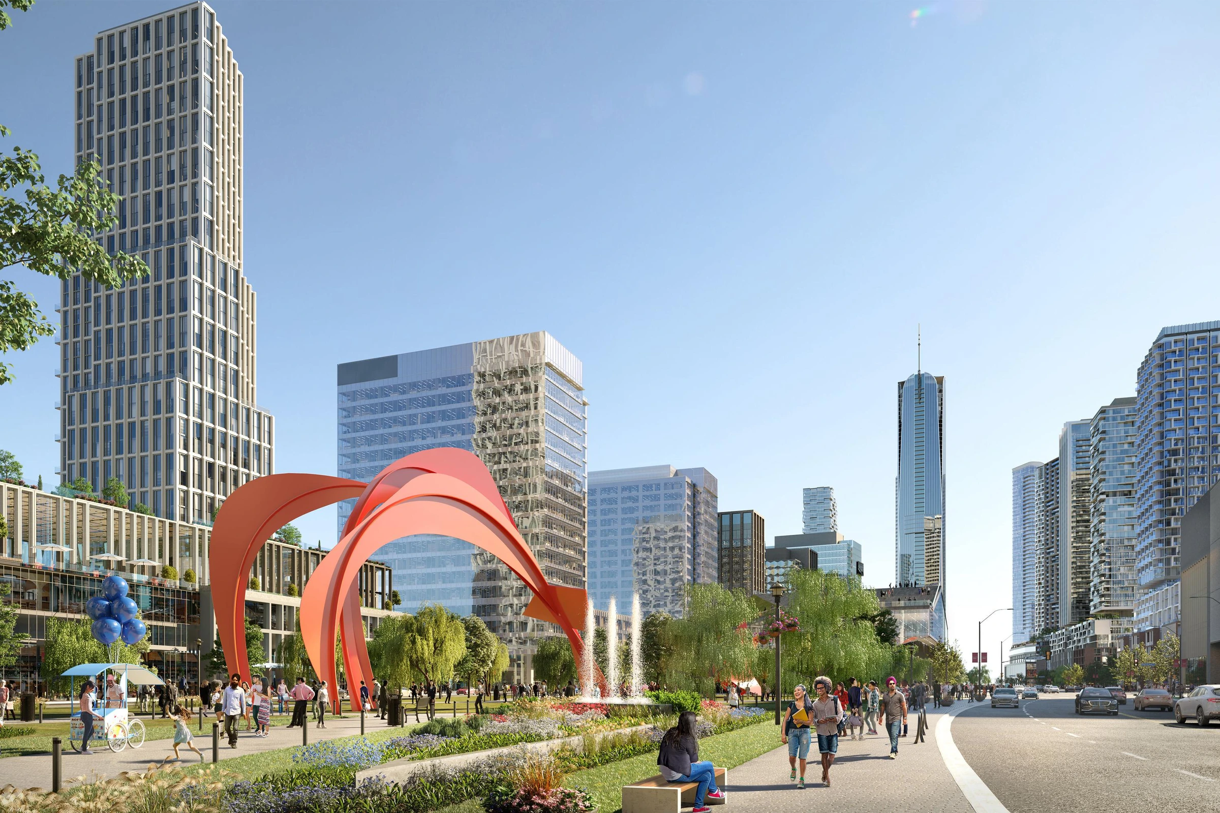 Square One Development — Published district public-realm rendering.